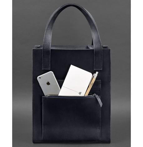 Кожаная сумка шоппер "Бэтси" с карманом (синяя)