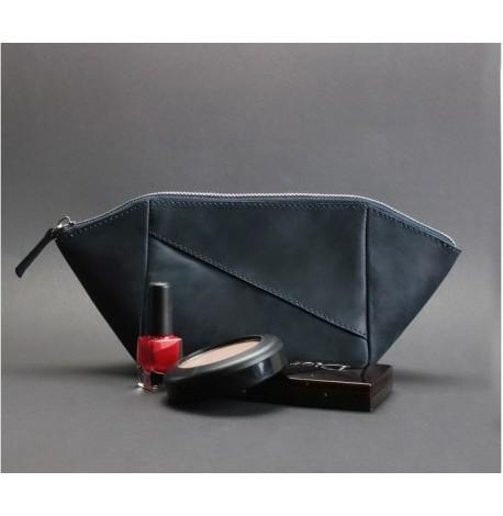 Косметичка из натуральной кожи (темно-синяя) кожа Crazy Horse