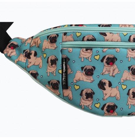 Поясна сумка-бананка блакитна з мопсами