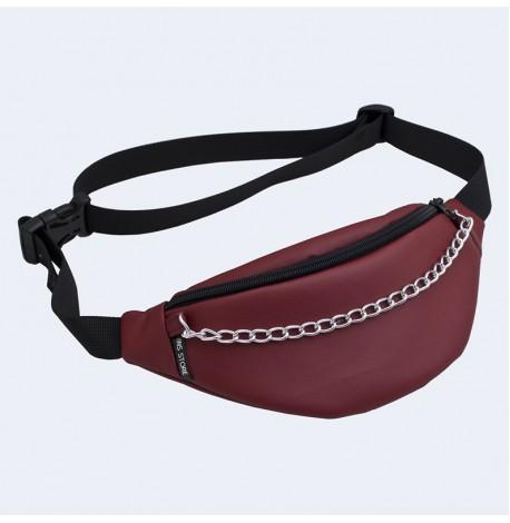 Поясна сумка-бананка бордова шкіряна з ланцюжком