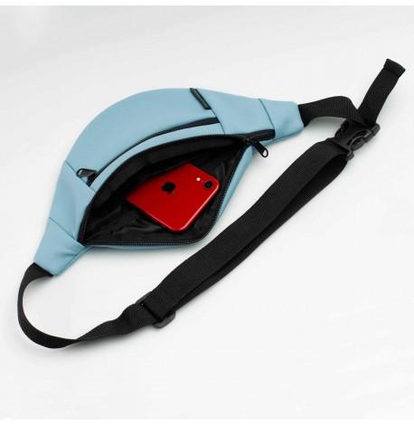 Поясная сумка-бананка голубая кожаная