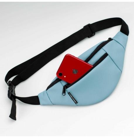 Поясная сумка-бананка голубая кожаная