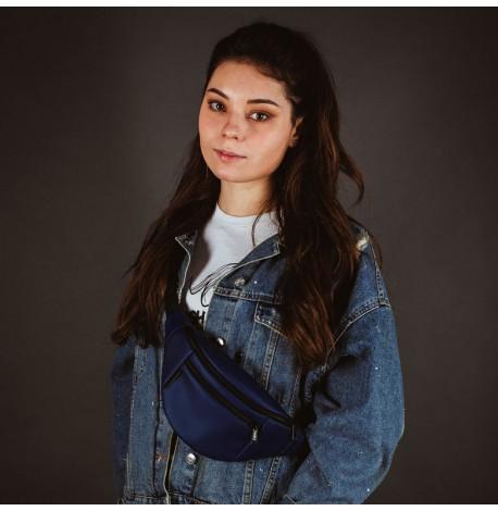 Поясная сумка-бананка синяя кожаная