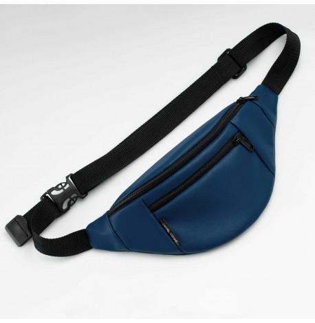 Поясная сумка-бананка синяя кожаная