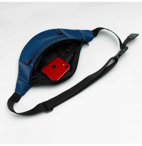 Поясная сумка-бананка синяя кожаная