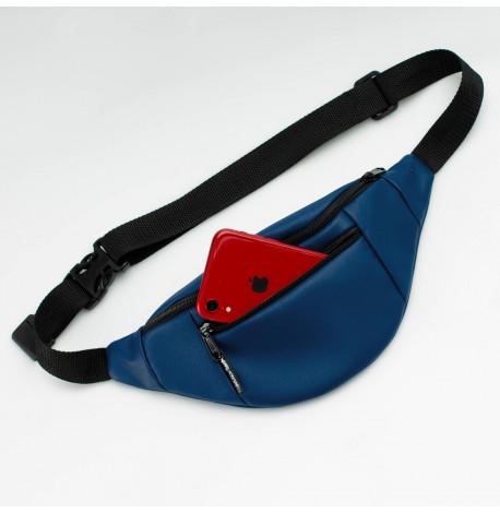 Поясная сумка-бананка синяя кожаная