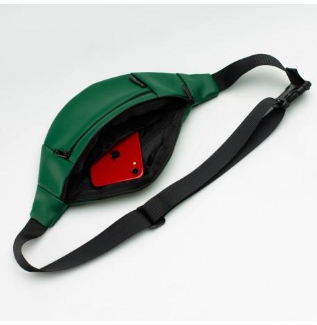 Поясная сумка-бананка зеленая кожаная