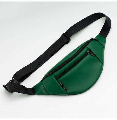 Поясная сумка-бананка зеленая кожаная