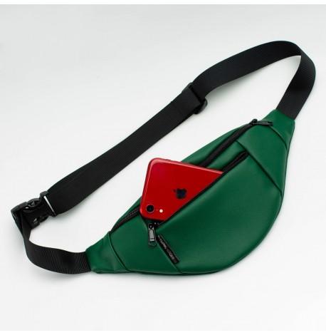 Поясная сумка-бананка зеленая кожаная