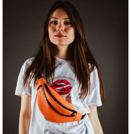 Поясна сумка-бананка помаранчева шкіряна з ланцюжком