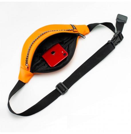 Поясна сумка-бананка помаранчева шкіряна з ланцюжком