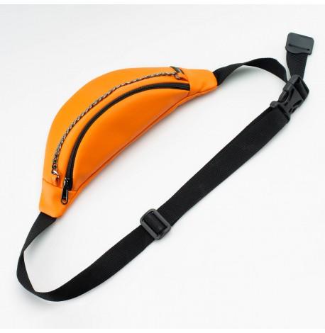 Поясна сумка-бананка помаранчева шкіряна з ланцюжком