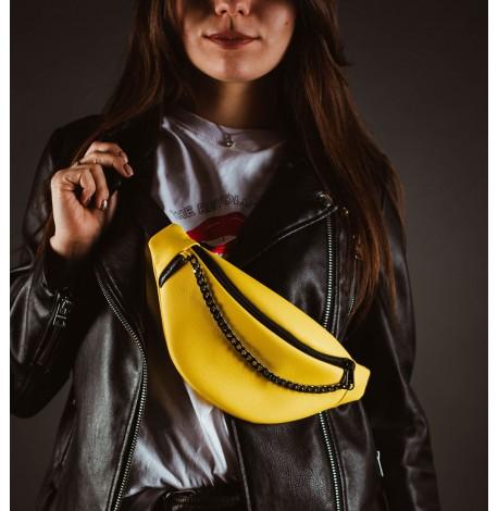 Поясна сумка-бананка жовта шкіряна з ланцюжком