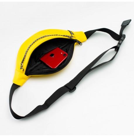 Поясна сумка-бананка жовта шкіряна з ланцюжком