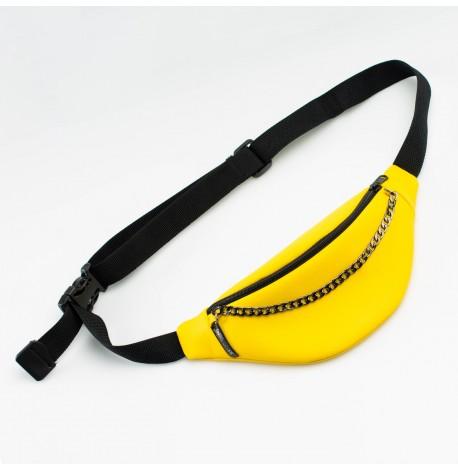 Поясна сумка-бананка жовта шкіряна з ланцюжком