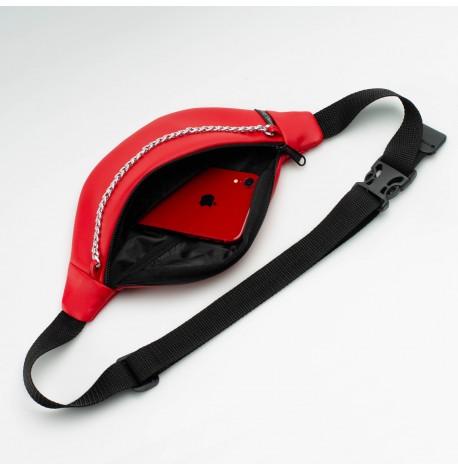 Поясна сумка-бананка червона шкіряна з ланцюжком