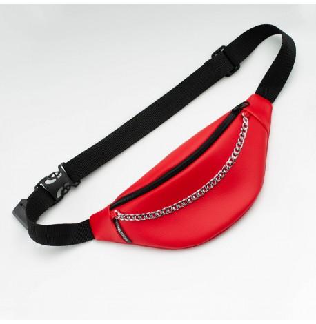 Поясна сумка-бананка червона шкіряна з ланцюжком