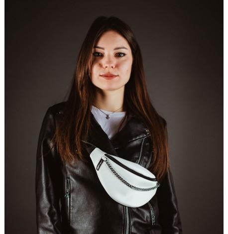 Поясна сумка-бананка біла шкіряна з ланцюжком