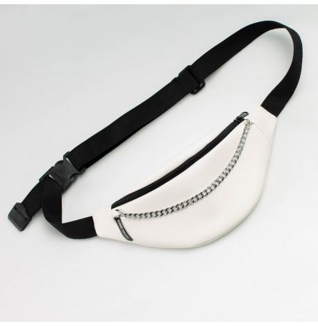 Поясна сумка-бананка біла шкіряна з ланцюжком
