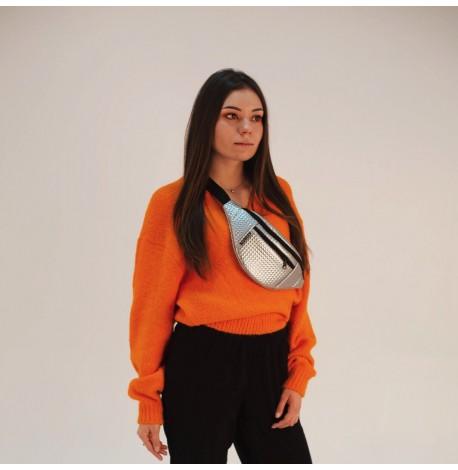 Поясна сумка-бананка срібна шкіряна Relief