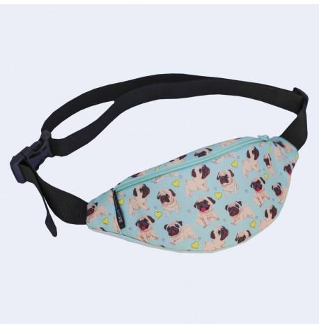 Сумка-бананка детская голубая с мопсами