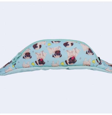 Сумка-бананка детская голубая с мопсами