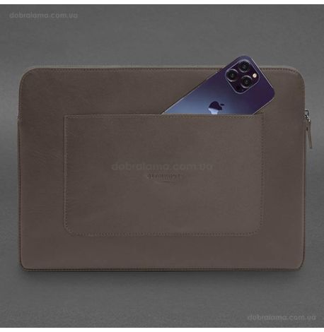 Кожаный чехол для ноутбука на молнии с карманом и хлястиком 29.1 (темно-бежевый)