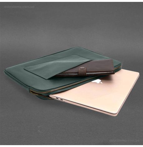 Кожаный чехол для ноутбука на молнии с карманом и хлястиком 29.1 (зеленый)