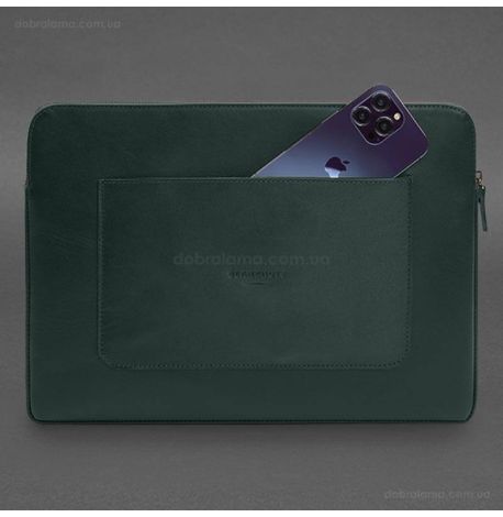 Кожаный чехол для ноутбука на молнии с карманом и хлястиком 29.1 (зеленый)