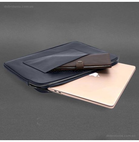 Кожаный чехол для ноутбука на молнии с карманом и хлястиком 29.1 (темно-синий)