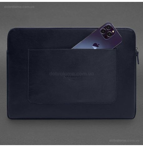 Кожаный чехол для ноутбука на молнии с карманом и хлястиком 29.1 (темно-синий)