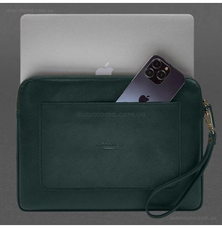 Кожаный чехол для ноутбука на молнии с карманом и петлей на руку 29.0 (зеленый)
