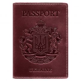 Кожаная обложка для паспорта с гербом Украины (бордовая)