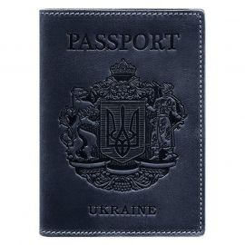 Шкіряна обкладинка для паспорта з гербом України (темно-синя)