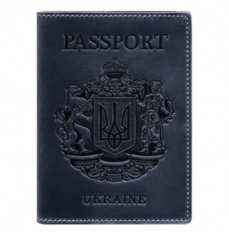 Шкіряна обкладинка для паспорта з гербом України (темно-синя)