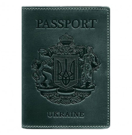 Шкіряна обкладинка для паспорта з гербом України (зелена)