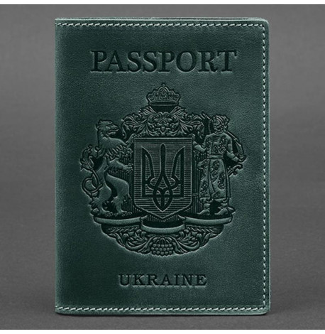 Шкіряна обкладинка для паспорта з гербом України (зелена)