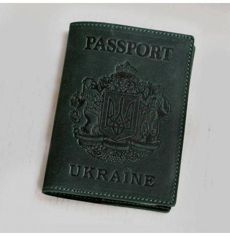 Шкіряна обкладинка для паспорта з гербом України (зелена)