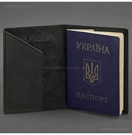 Шкіряна обкладинка для паспорта з гербом України (чорна)