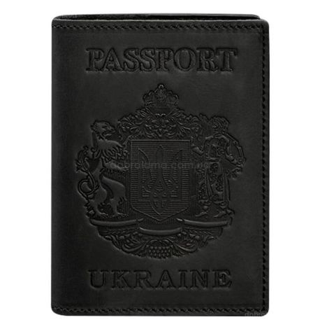 Шкіряна обкладинка для паспорта з гербом України (чорна)