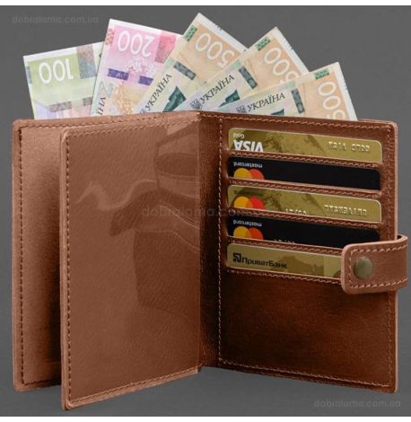 Шкіряна обкладинка-портмоне для паспорта з гербом України 25.1 (світло-коричнева)