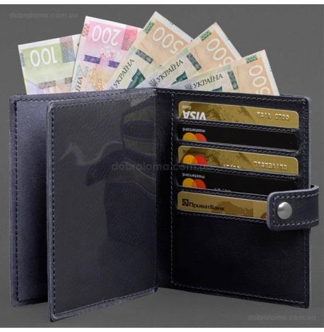 Кожаная обложка-портмоне для паспорта с гербом Украины 25.1 (темно-синяя)