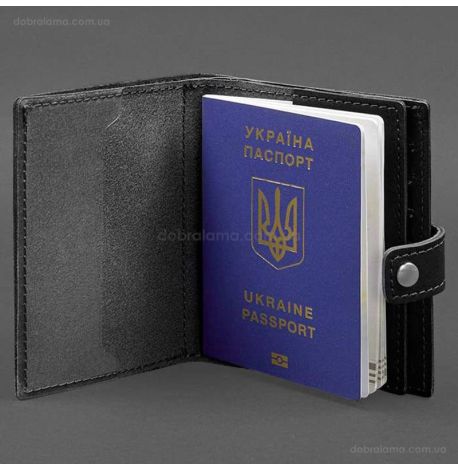 Кожаная обложка-портмоне для паспорта с гербом Украины 25.0 (черная), кожа Crazy Horse