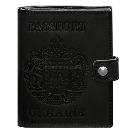 Кожаная обложка-портмоне для паспорта с гербом Украины 25.0 (черная), кожа Crazy Horse
