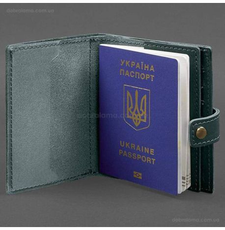 Шкіряна обкладинка-портмоне для паспорта з гербом України 25.0 (зелена)