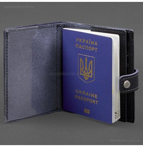 Шкіряна обкладинка-портмоне для паспорта з гербом України 25.0 (темно-синя)