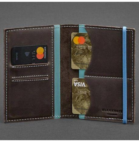 Шкіряна обкладинка для паспорта 2.0 (темно-коричневий з бірюзовим)