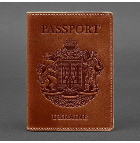 Кожаная обложка для паспорта с гербом Украины (светло-коричневая)