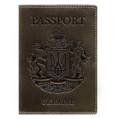 Шкіряна обкладинка для паспорта з гербом України (темно-коричнева)