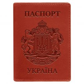 Кожаная обложка для паспорта с украинским гербом (коралловая) кожа Crazy Horse